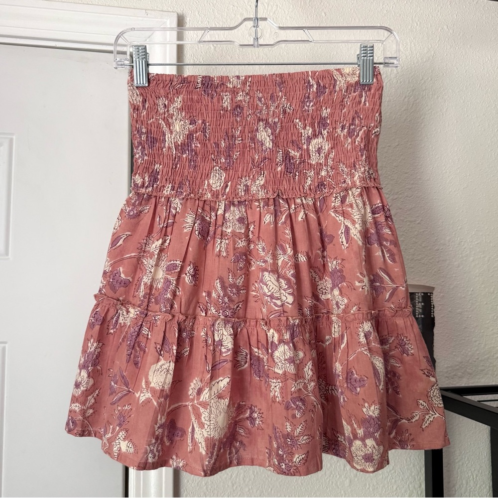 NWT PERRY WALKER pink floral cotton smocked tiered mini skirt